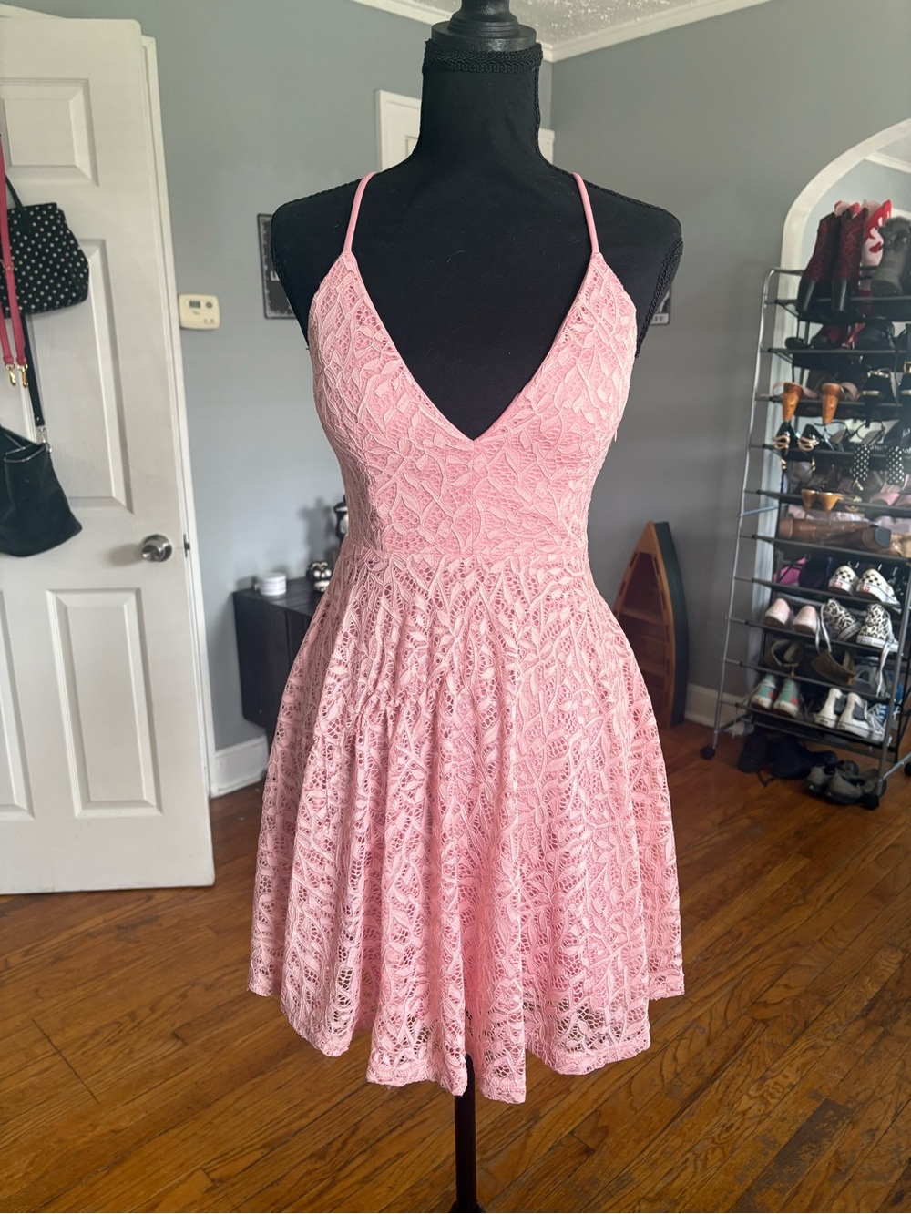 Dry Goods pink fit and flare lace minidress